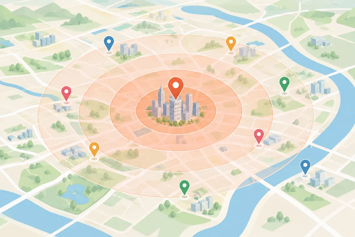 Ilustración tipo mapa con círculos concéntricos que representan distintos radios de distancia en una ciudad