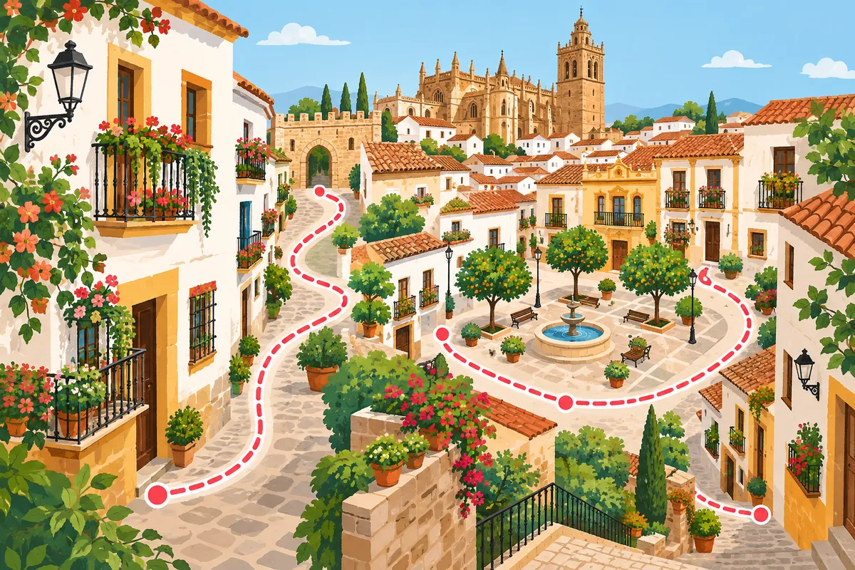Ilustración de un paseo por calles de casco antiguo con balcones y una plaza, pensado como plan para una primera cita