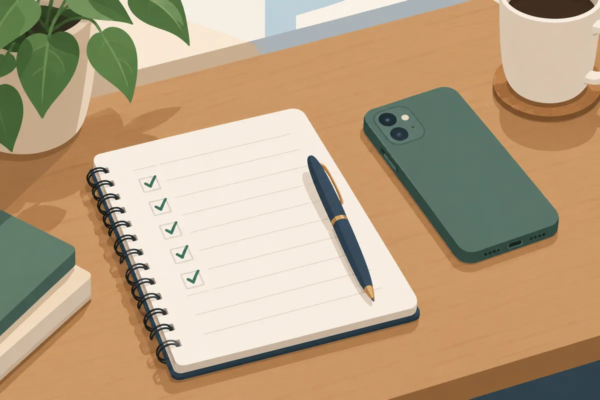 Cuaderno con una lista de comprobación junto a un móvil boca abajo