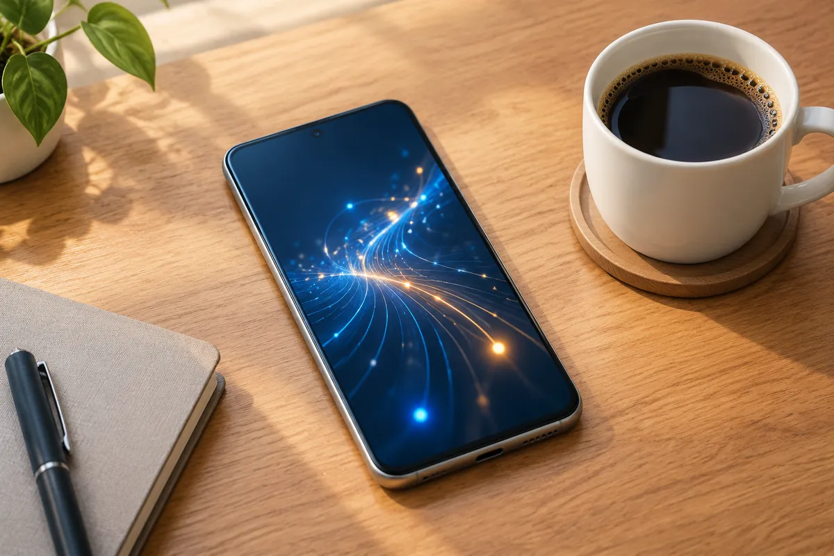Smartphone sobre una mesa de madera con interfaz digital abstracta