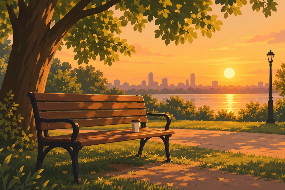 Banco de parque al atardecer con un vaso de papel, imagen de un encuentro tranquilo