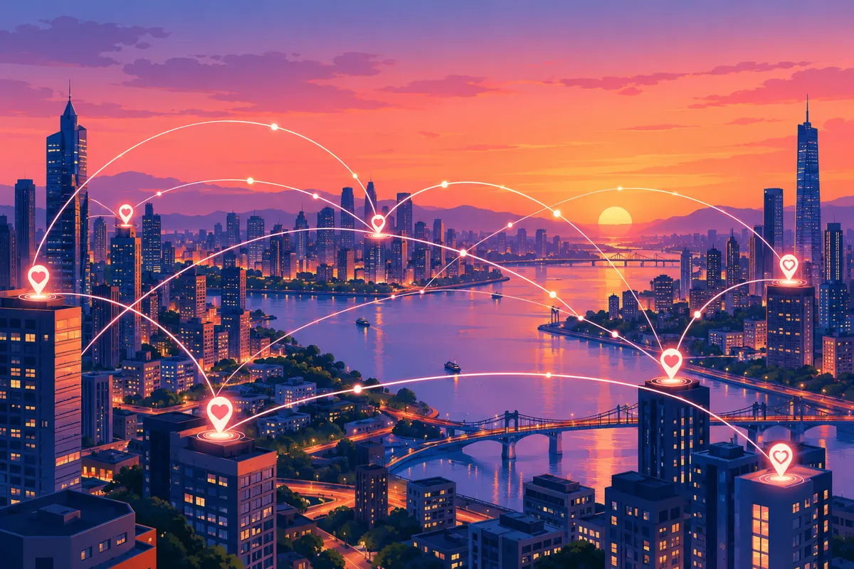Ilustración abstracta de un horizonte urbano al atardecer representando conexiones digitales.