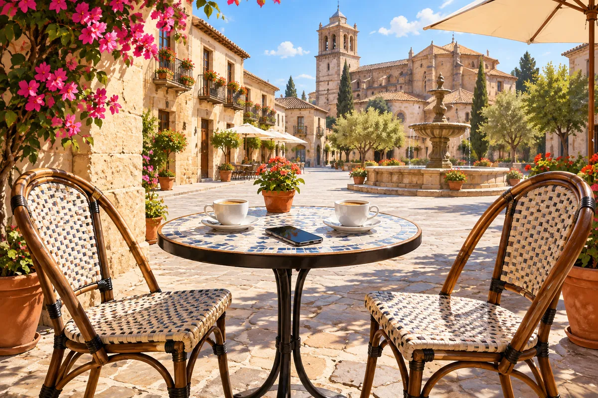 Terraza de café en una plaza con dos sillas enfrentadas y dos tazas sobre la mesa, lista para una primera cita