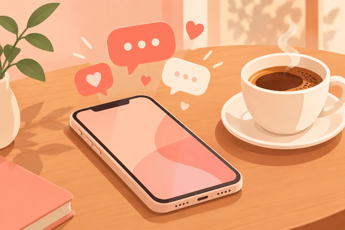 Ilustración de un móvil junto a una taza de café con burbujas de diálogo y corazones, sobre fondo cálido