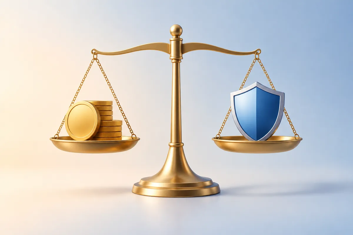 Balanza con una moneda y un escudo, imagen del equilibrio entre precio y seguridad al elegir una aplicación
