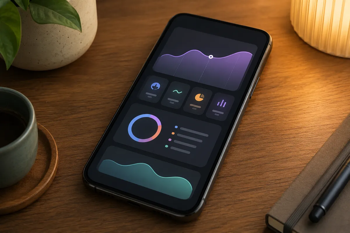 Pantalla de un teléfono inteligente sobre una mesa de madera con interfaz digital