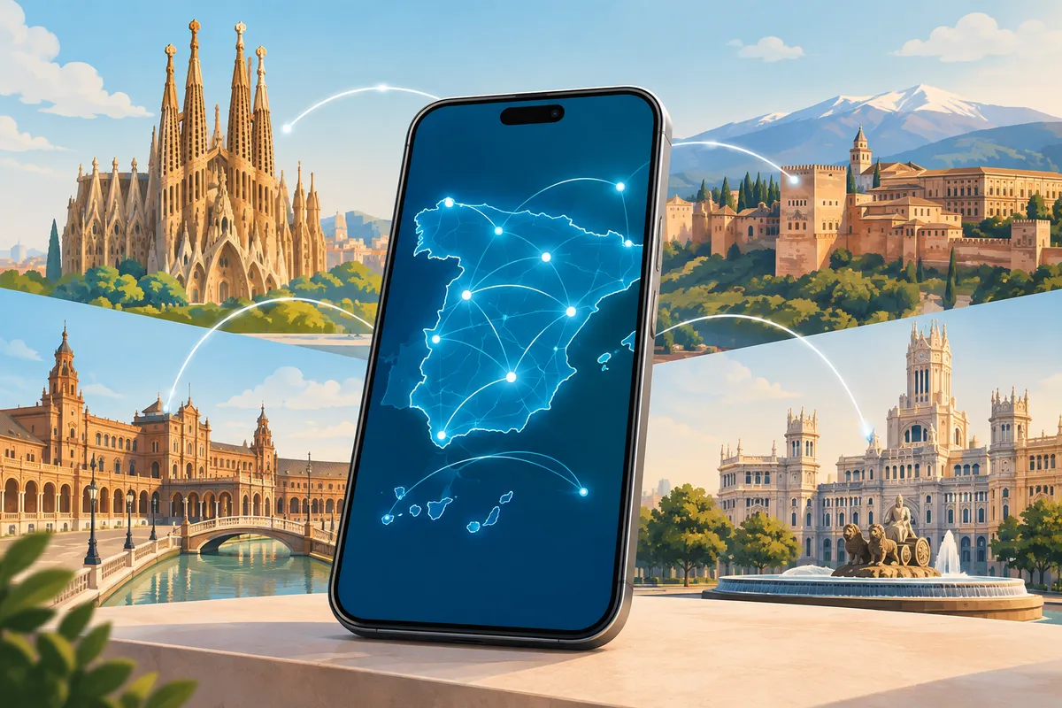 Smartphone con mapa de conexiones digitales en España