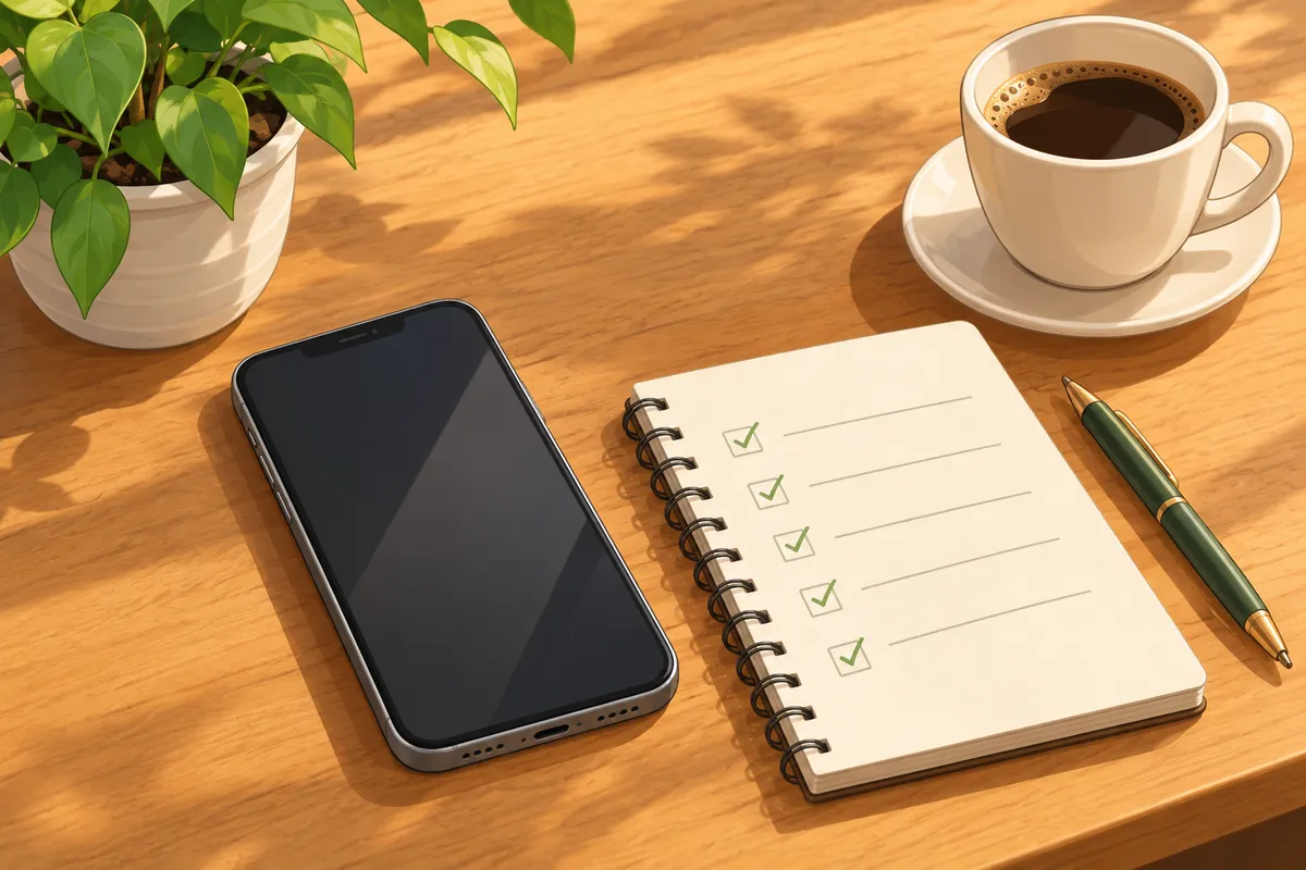 Móvil sobre una mesa junto a una libreta con una lista de criterios para elegir una aplicación de citas
