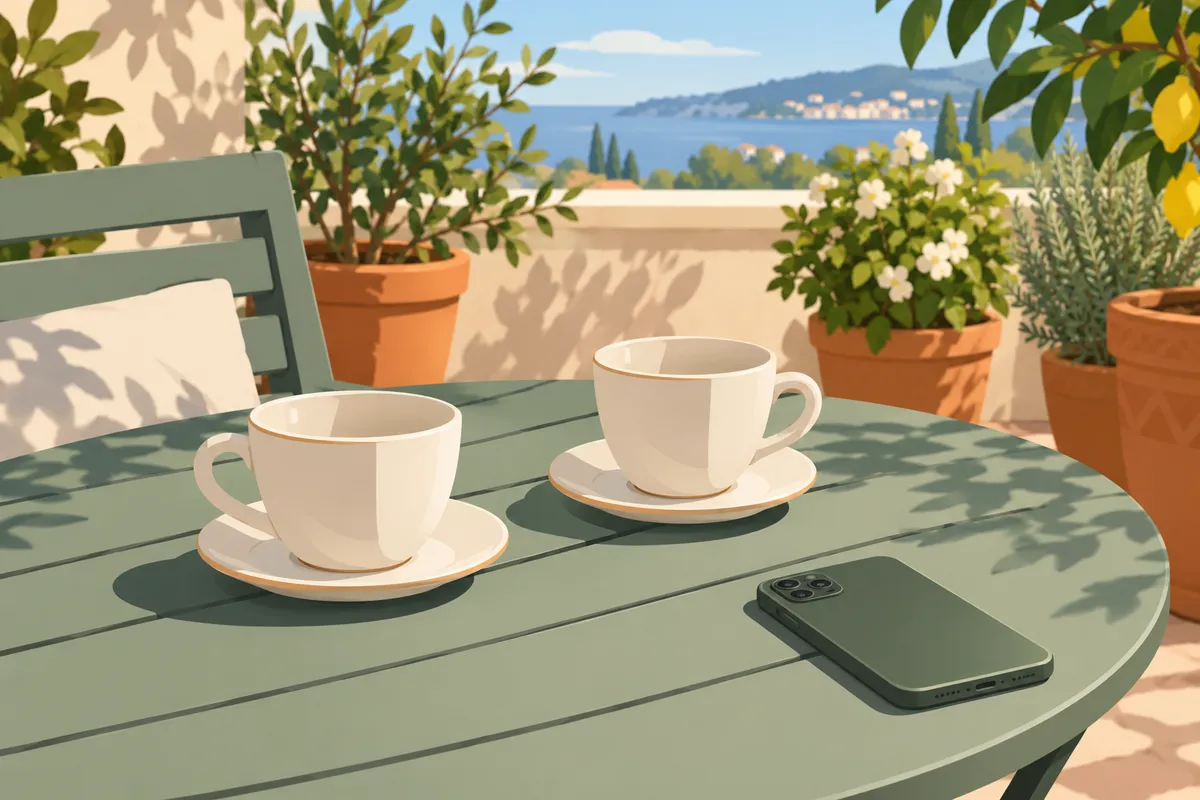 Ilustración de dos tazas de café vacías y un móvil sobre la mesa de una terraza soleada con macetas