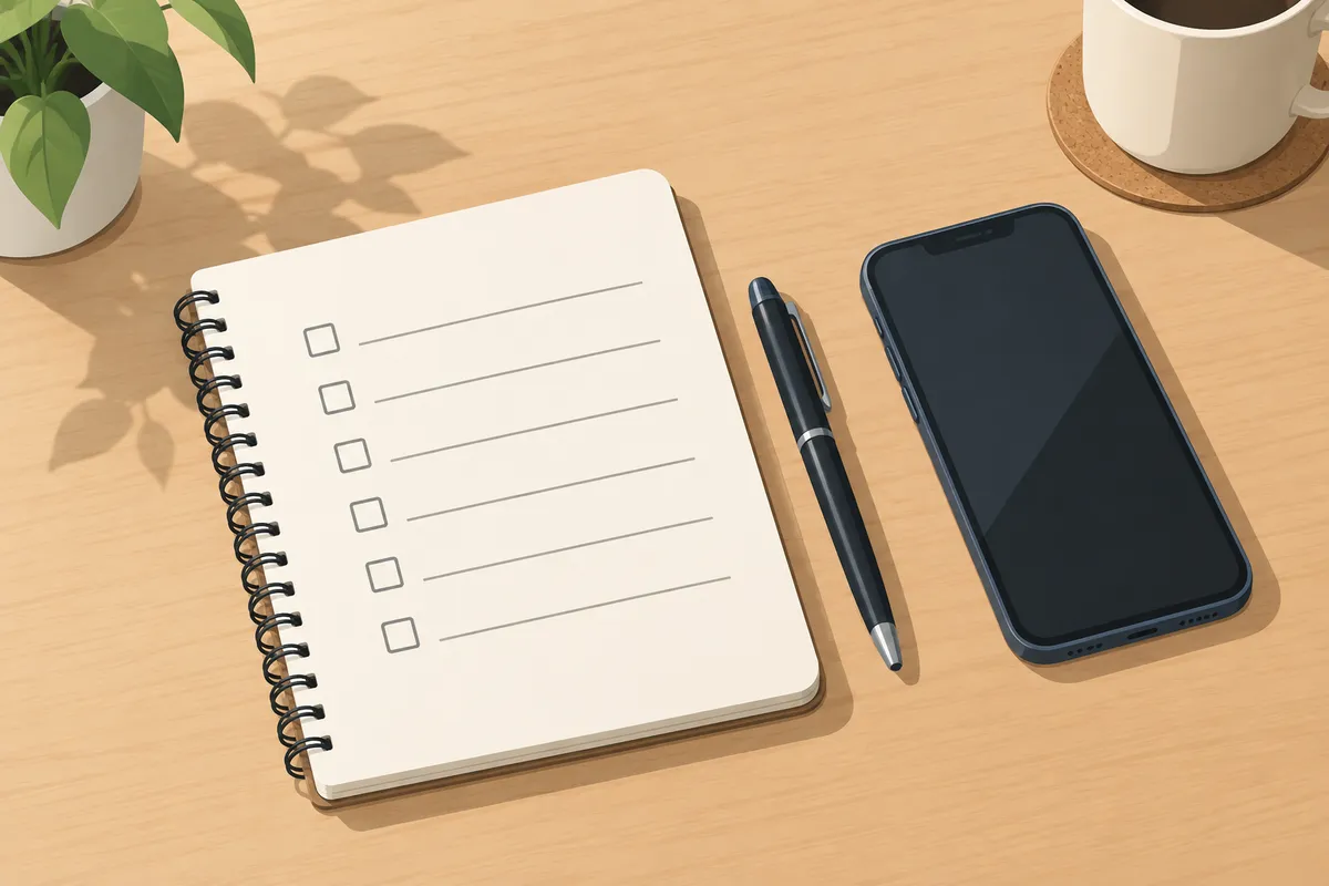 Una libreta con una lista de verificación y un móvil, para comparar opciones antes de elegir