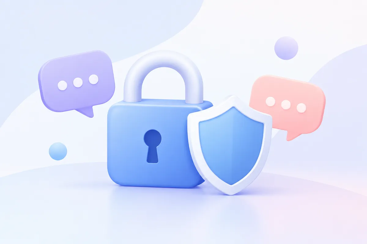 Un candado y un escudo junto a globos de diálogo que simbolizan la privacidad al ligar online