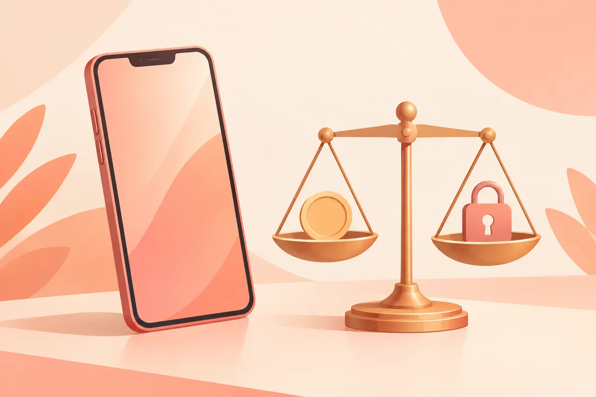 Móvil junto a una balanza que compara la versión gratuita y la de pago de una app de citas