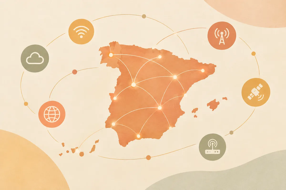 Ilustración abstracta minimalista sobre conexiones digitales y mapa de España.