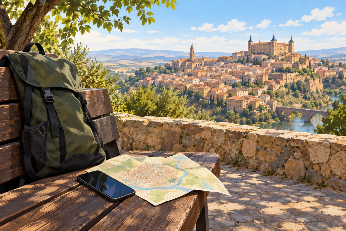 Móvil sobre un banco de madera junto a una mochila y un mapa de papel con vistas a un pueblo español