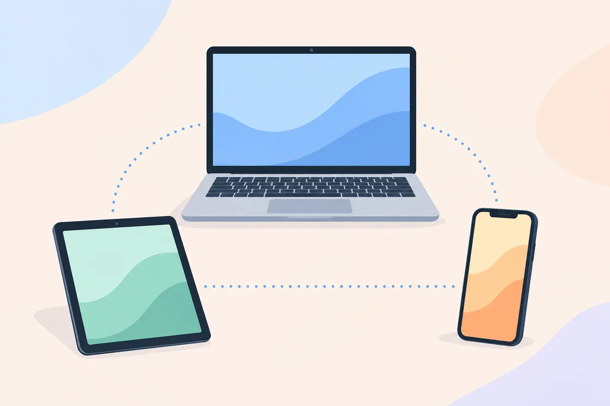 Tableta, portátil y móvil conectados con líneas, que representan combinar web y app en distintos dispositivos