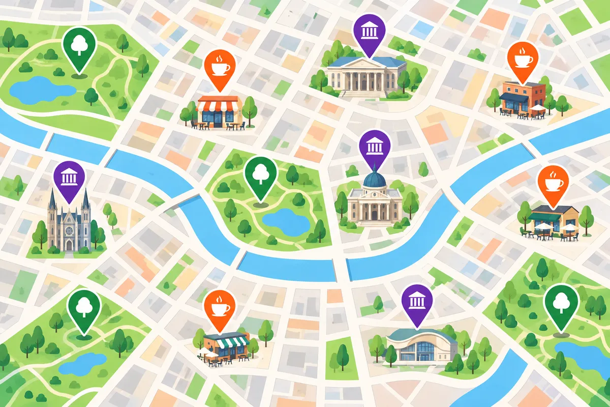 Mapa de ciudad ilustrado con marcadores de colores sobre cafés, parques y centros culturales