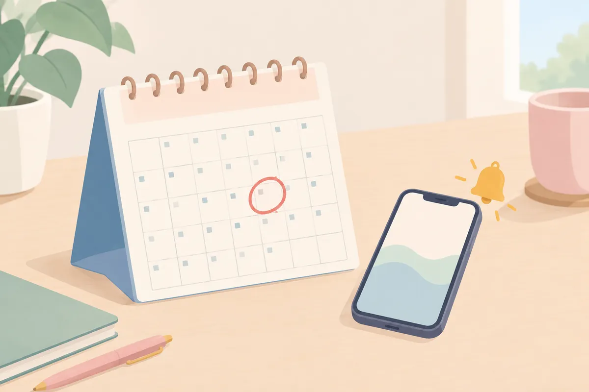 Calendario con una fecha marcada y un móvil que simbolizan recordar la fecha de cancelación