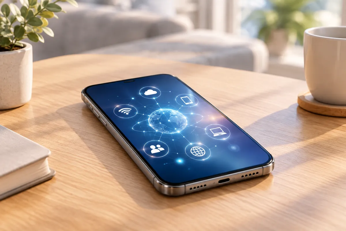 Teléfono inteligente sobre una mesa de madera con iconos de conexión digital