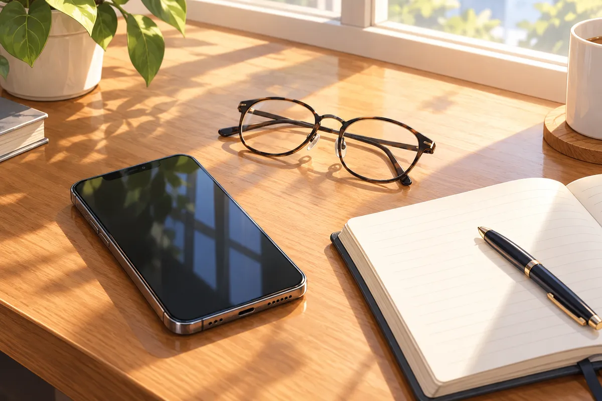 Móvil sobre una mesa de madera junto a unas gafas de lectura y una libreta abierta