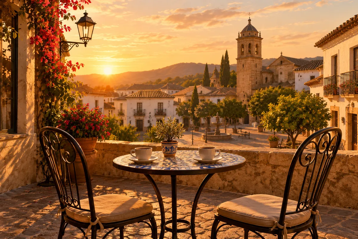 Terraza tranquila al atardecer con una mesa y dos sillas vacías, ambiente sereno para una primera conversación