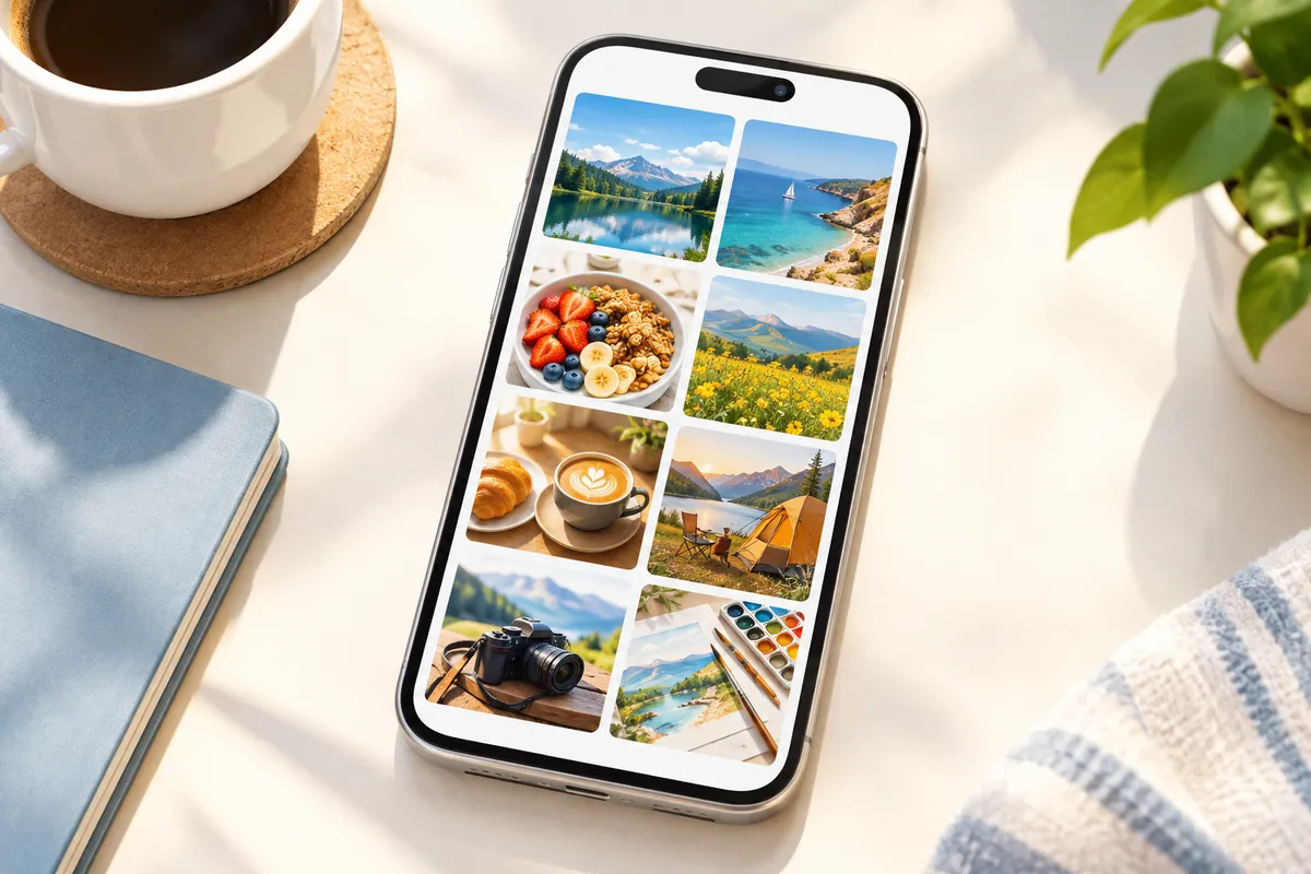 Cuadrícula de imágenes de aficiones y paisajes en la pantalla de un móvil