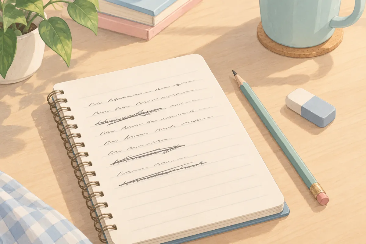 Libreta con un borrador de texto tachado y un lápiz sobre una mesa