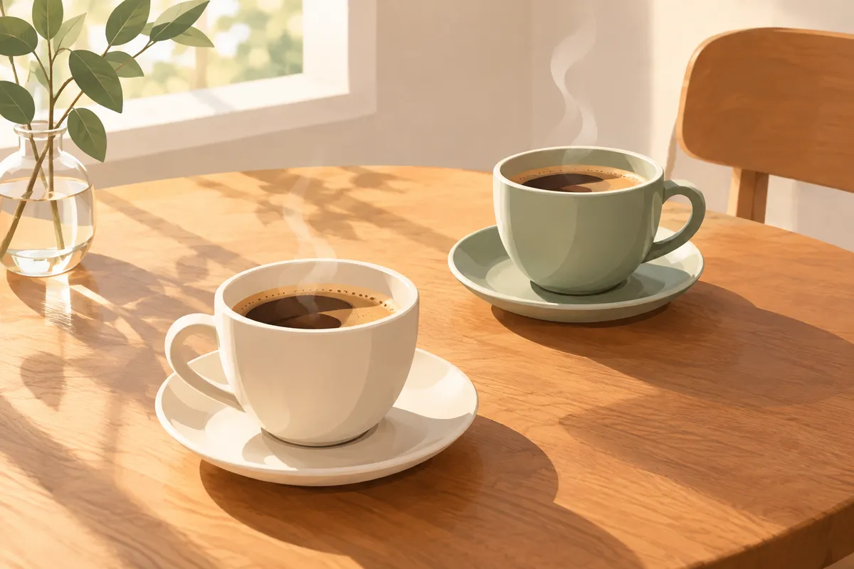 Dos tazas de café sobre una mesa de madera con luz matutina suave.