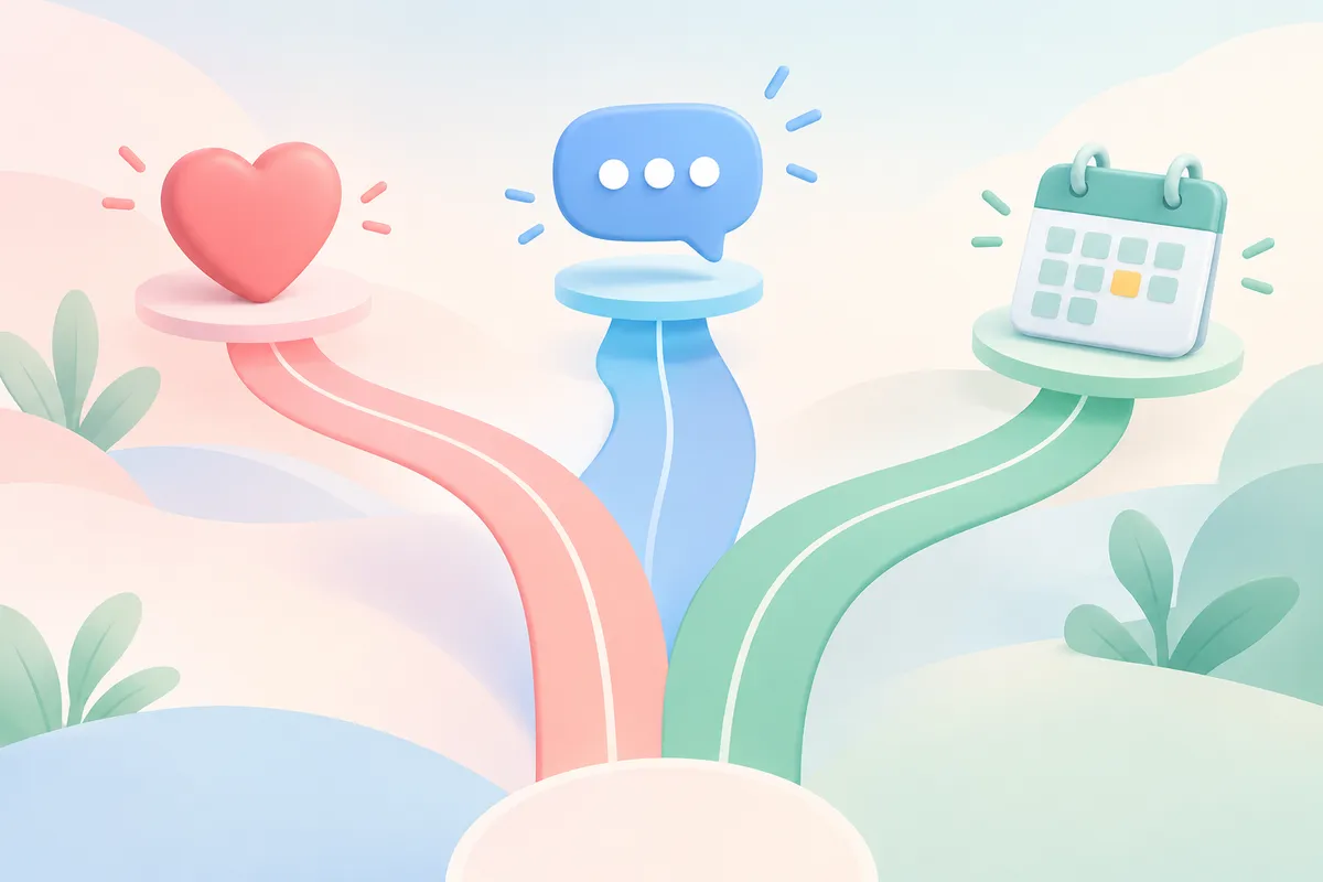 Caminos que se separan hacia un corazón, un mensaje y un calendario, como los distintos objetivos
