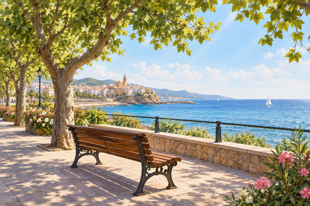 Banco vacío en un paseo marítimo tranquilo, imagen de calma para dar el siguiente paso con tiempo