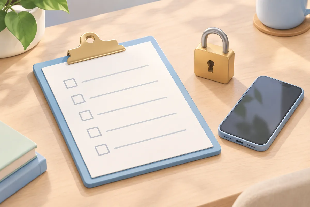 Lista de comprobación junto a un candado y un móvil sobre una mesa
