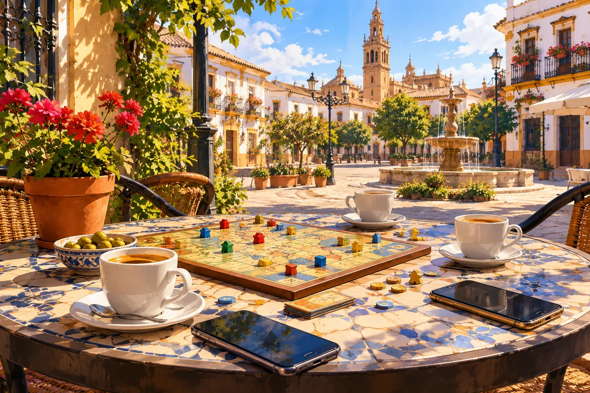 Mesa en una plaza española con cafés, un juego de mesa y móviles, sin personas a la vista