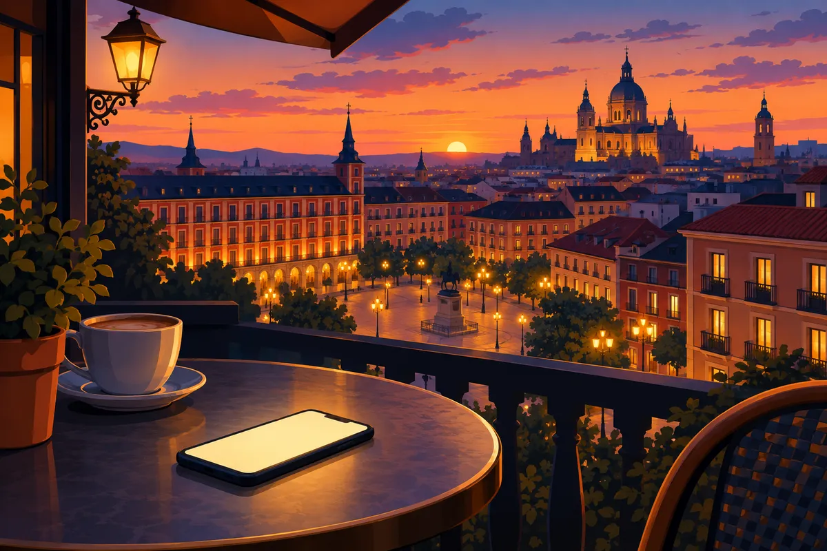 Ilustración de una ciudad española al atardecer con tejados, una plaza y un móvil sobre la mesa de una terraza