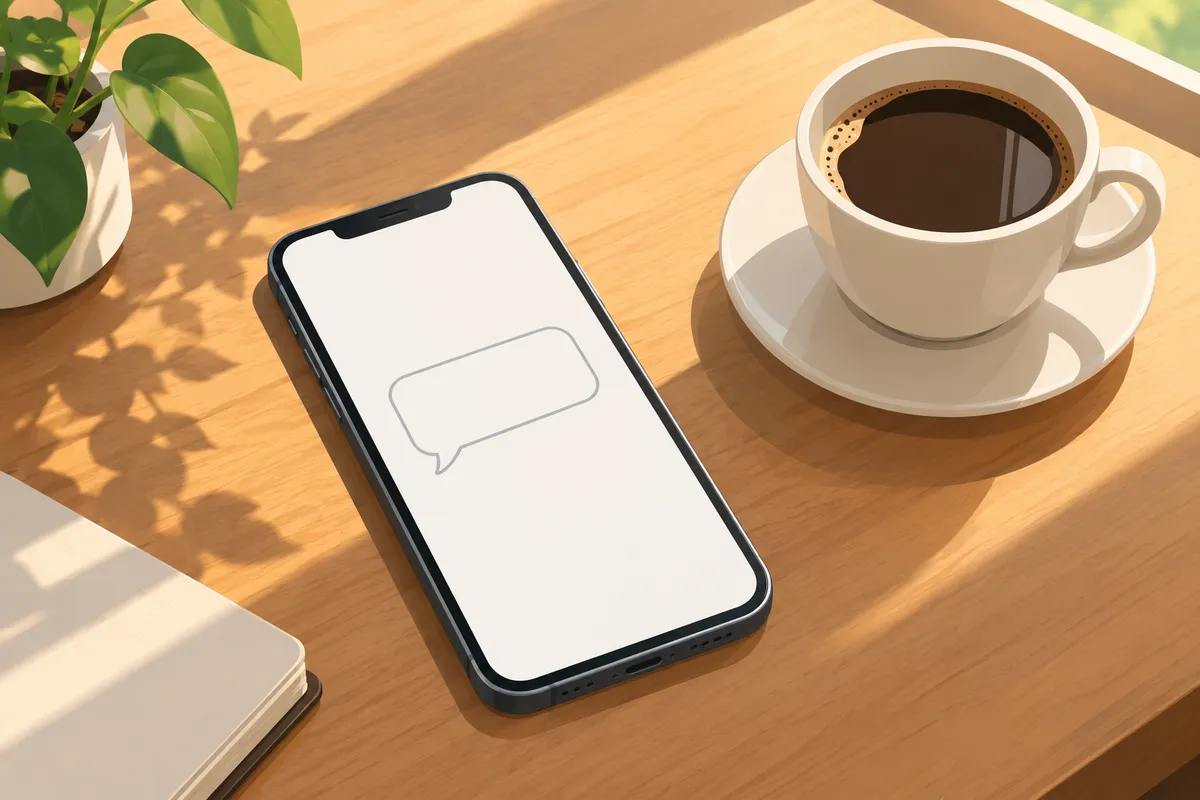 Móvil sobre una mesa con una taza de café y una conversación a punto de empezar