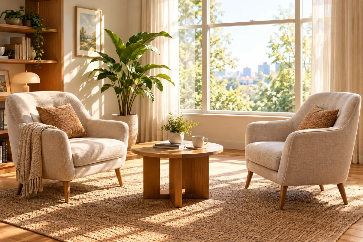 Dos sillones frente a frente junto a una ventana luminosa, imagen de calma para empezar una nueva etapa
